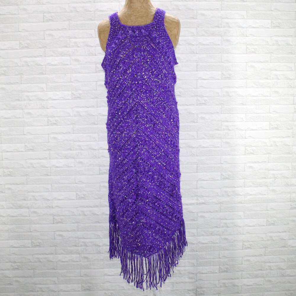 HAND CRAFTED Dress Crochet Purple Silver Metallic Fringe Handmade Midi X-Large